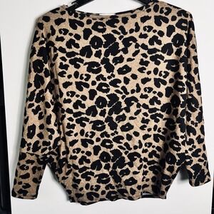 Vtg THE NINES Womens Sm Leopard Print Cocoon/Batwing Dolman Long Sleeve Knit Top